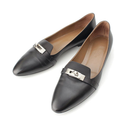Hermes Bilbao Leather Kelly Almond Toe Flat Pumps Black Brown