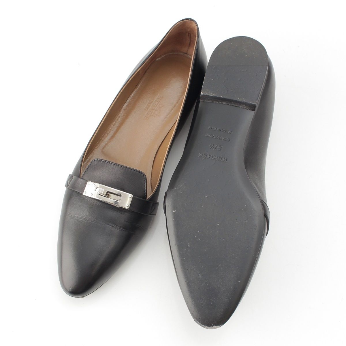 Hermes Bilbao Leather Kelly Almond Toe Flat Pumps Black Brown — view 5