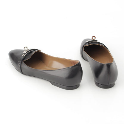 Hermes Bilbao Leather Kelly Almond Toe Flat Pumps Black Brown — view 4