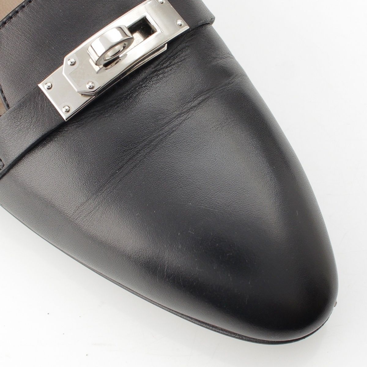 Hermes Bilbao Leather Kelly Almond Toe Flat Pumps Black Brown — view 6