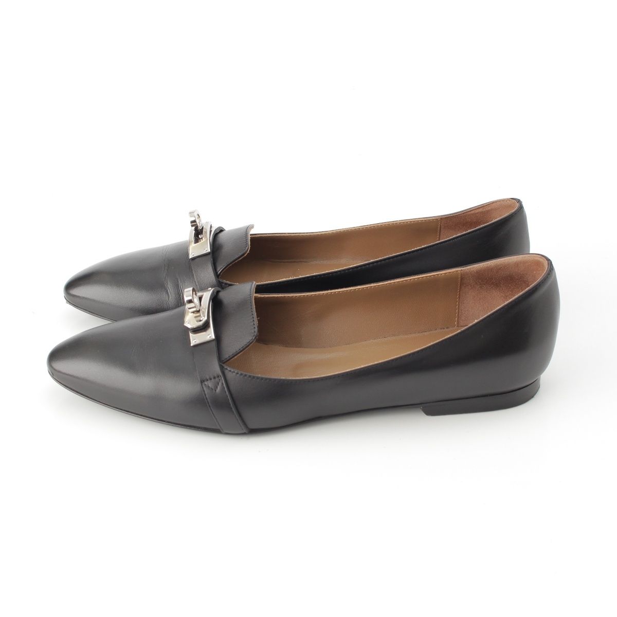 Hermes Bilbao Leather Kelly Almond Toe Flat Pumps Black Brown — view 3