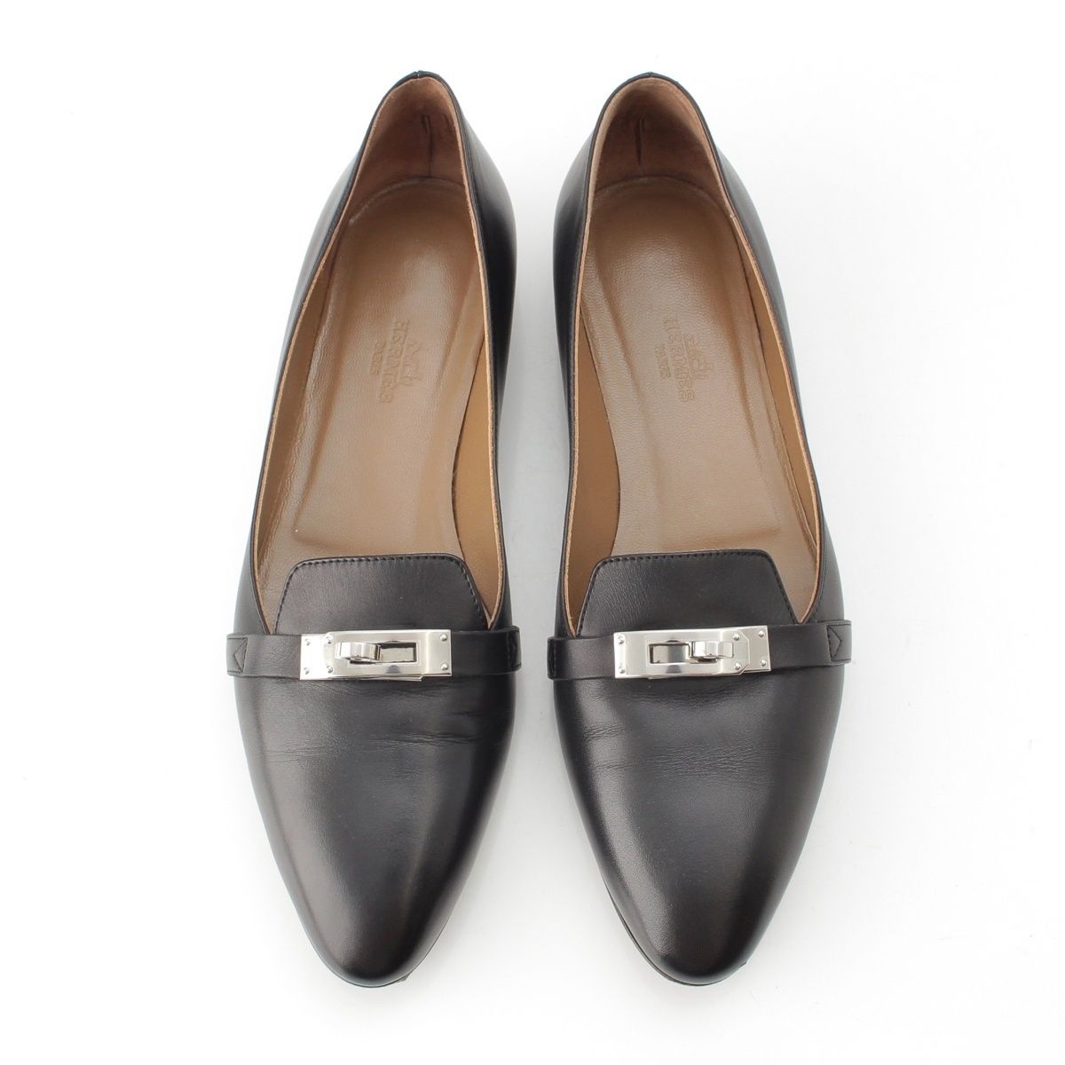 Hermes Bilbao Leather Kelly Almond Toe Flat Pumps Black Brown — view 2