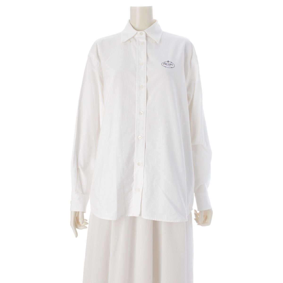 Prada Cotton Logo Embroidered Oxfords Long Sleeve Shirt White 36