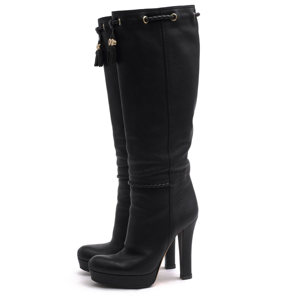 Gucci Long Boots Shoes Leather Black Marrakech High G-shaped Tassel Heels