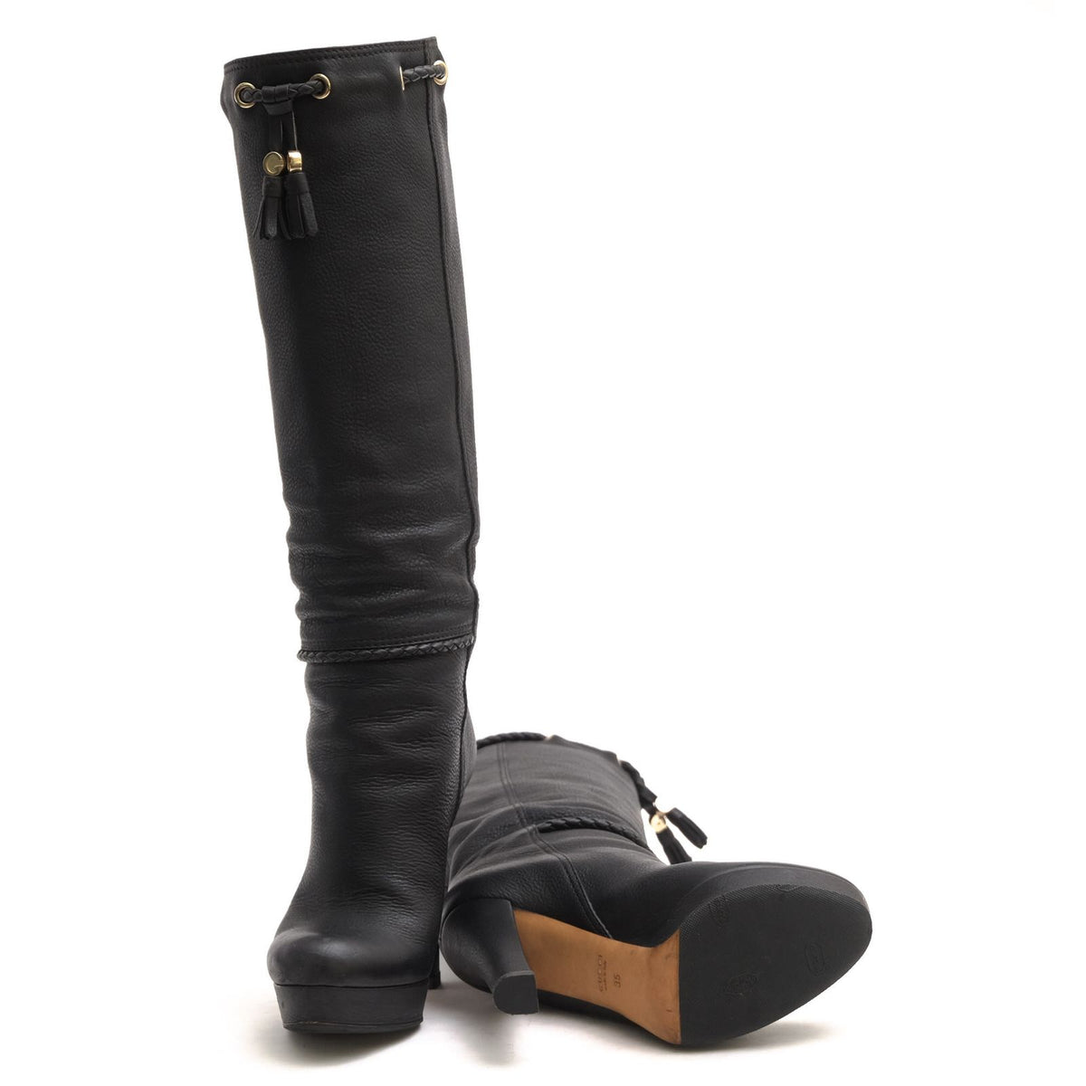 Gucci Long Boots Shoes Leather Black Marrakech High G-shaped Tassel Heels — view 6