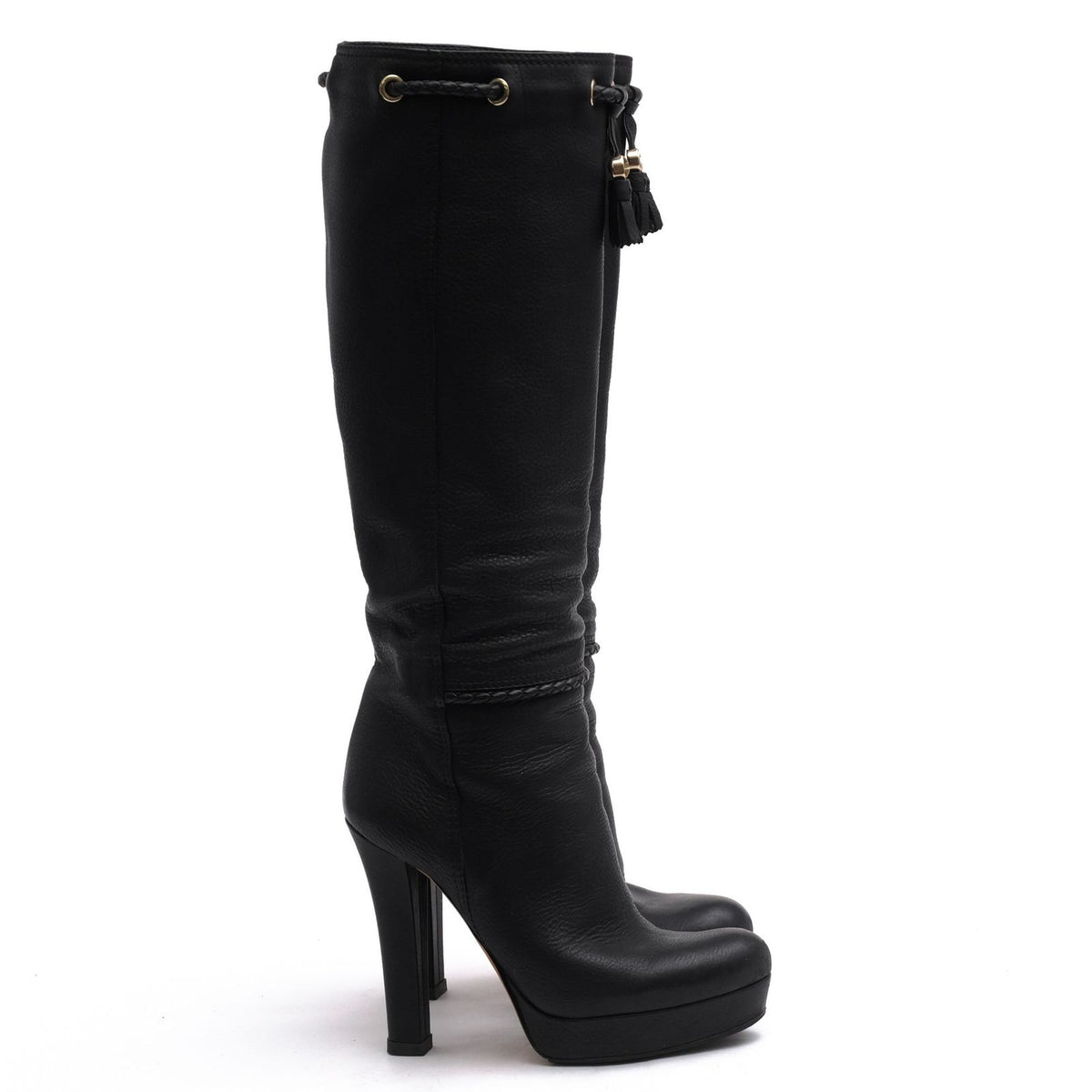 Gucci Long Boots Shoes Leather Black Marrakech High G-shaped Tassel Heels — view 2