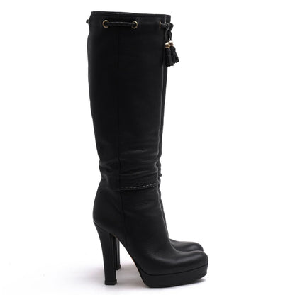 Gucci Long Boots Shoes Leather Black Marrakech High G-shaped Tassel Heels — view 2