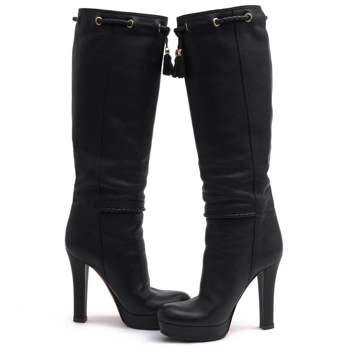 Gucci Long Boots Shoes Leather Black Marrakech High G-shaped Tassel Heels — view 3