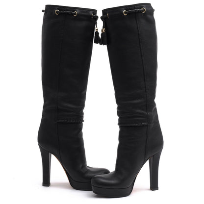 Gucci Long Boots Shoes Leather Black Marrakech High G-shaped Tassel Heels — view 3