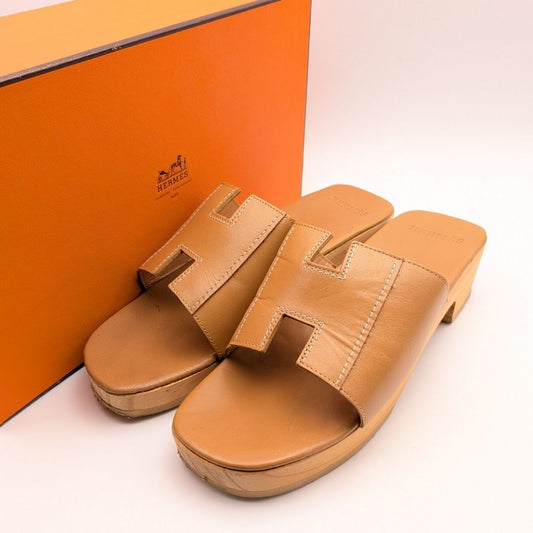 Hermes Kevlar Sandals H Wood Sole Leather Beige