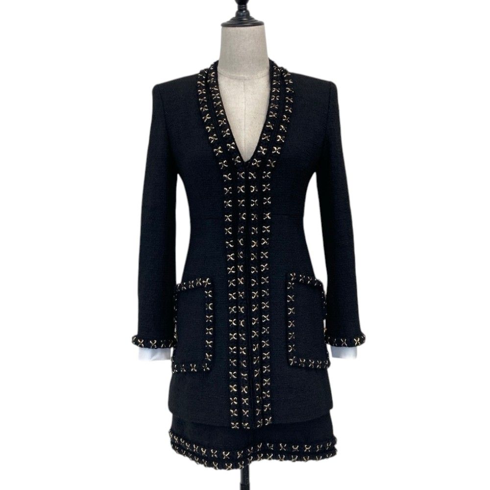 Chanel Metiers D'art Collection Embroidered Tweed Dress Jacket Set Black 34