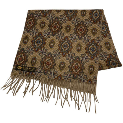 Loro Piana Ing Cashmere 100% All Over Print Fringe Scarf Beige Multicolor