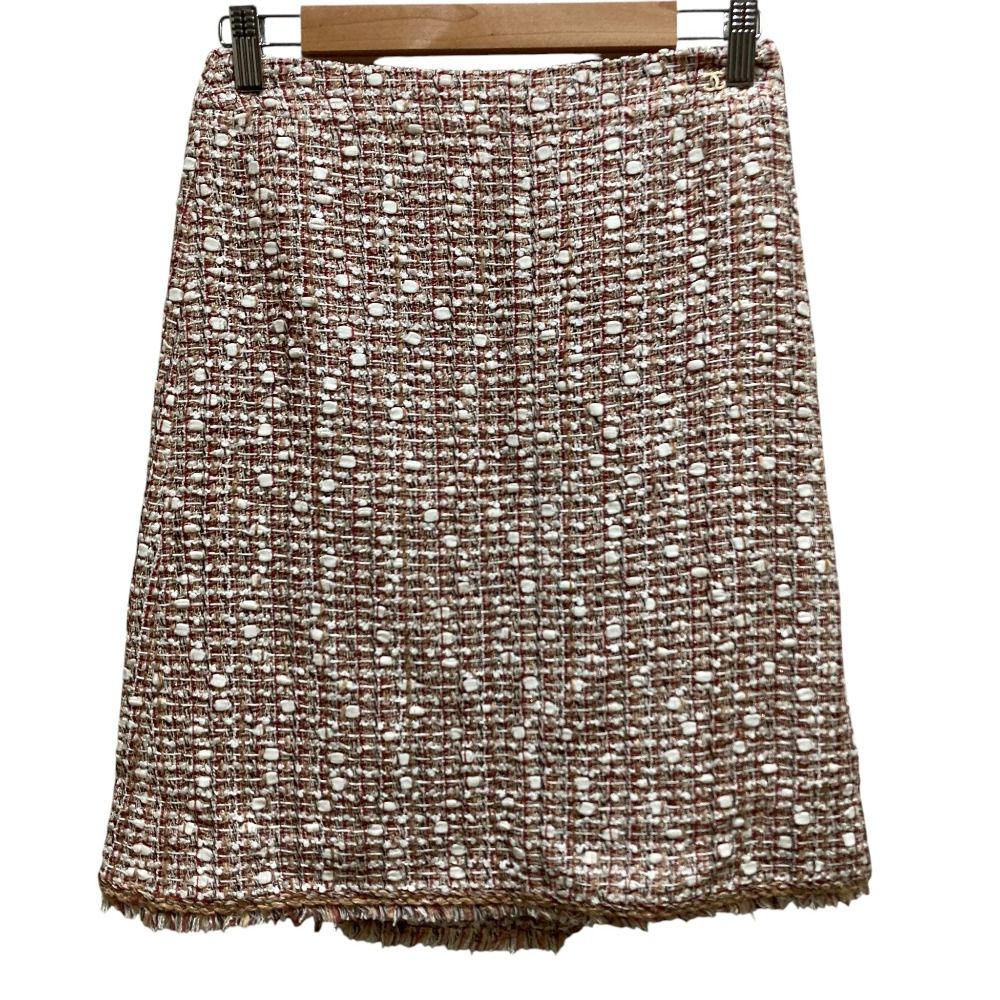 Chanel 06P Trapezoid Tweed Skirt Red Beige Spring Summer Fall Winter 36