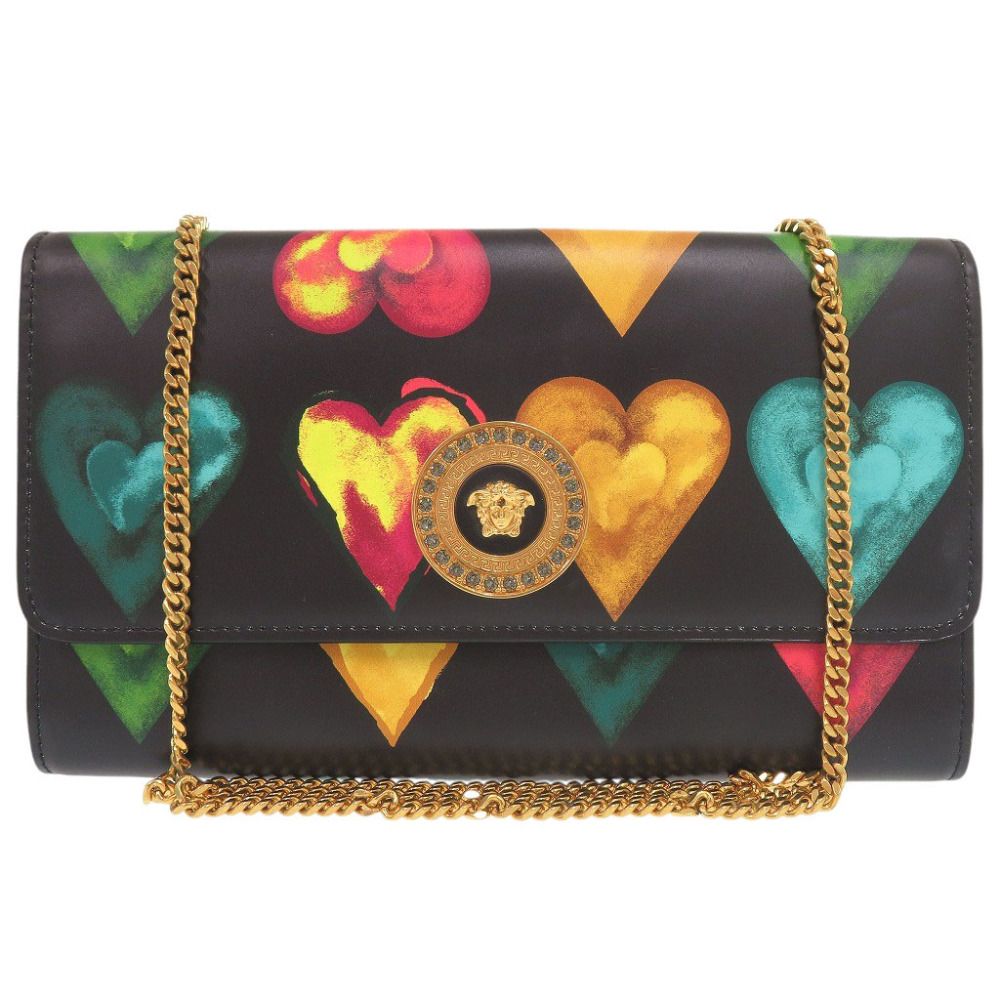 Versace Medusa Heart Leather Black Multicolor Chain Wallet Shoulder Bag