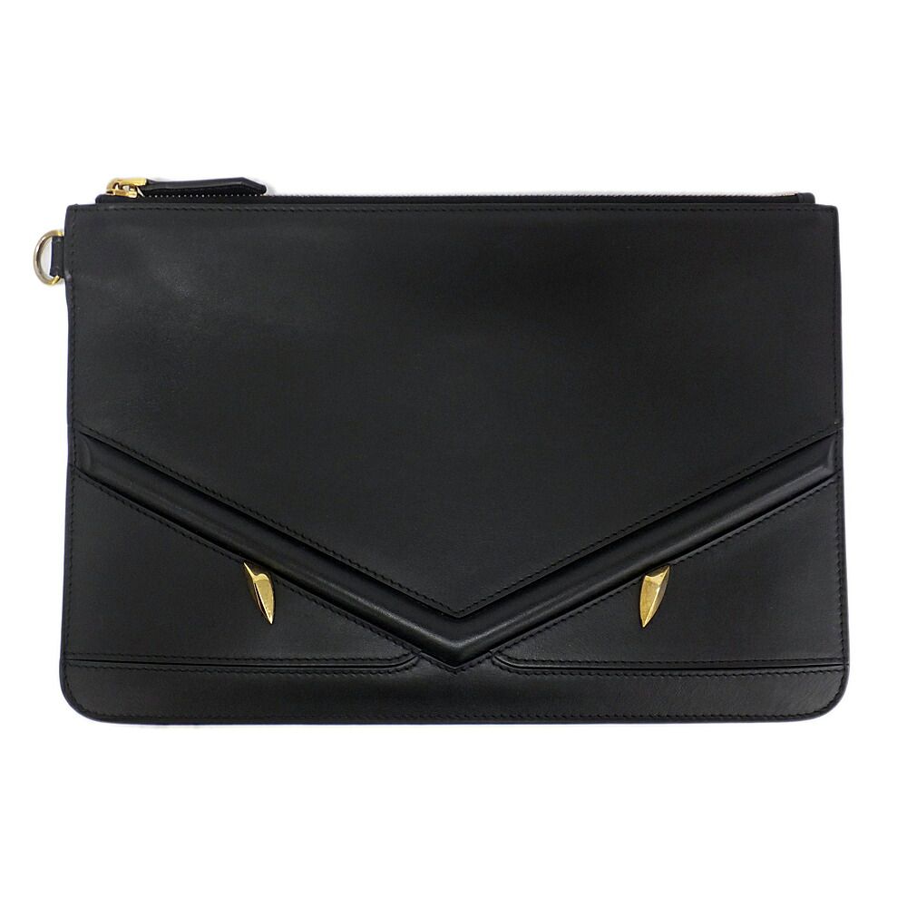 Fendi Clutch Bugs Eye Monster Leather Black Second