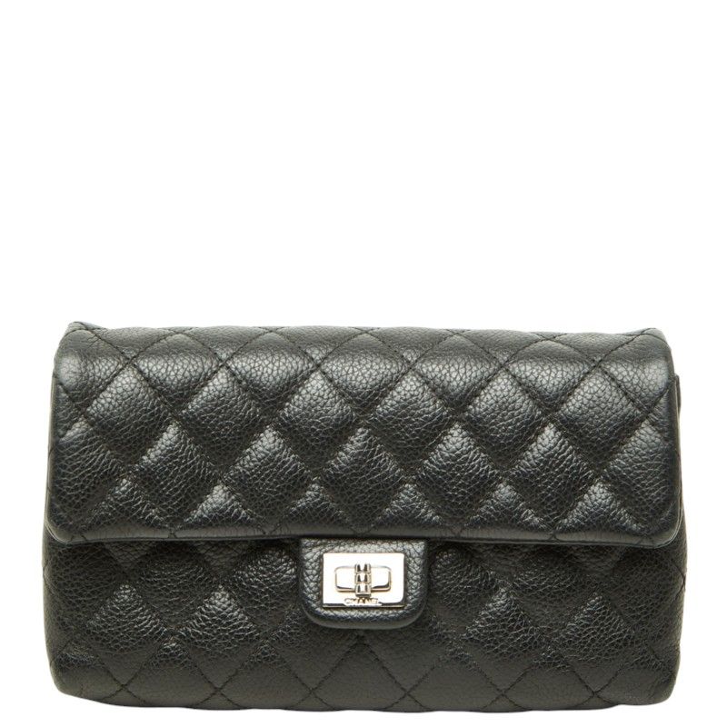Chanel Uniform 2.55 Quilted Pouch Black Silver Leather