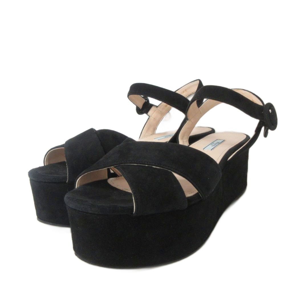 Prada Sandals Suede Ankle Belt Thick Sole Cross Black