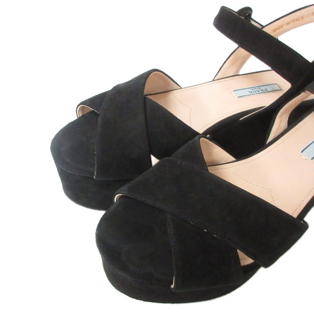 Prada Sandals Suede Ankle Belt Thick Sole Cross Black — view 5