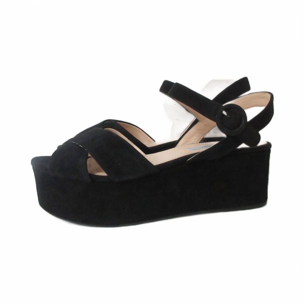 Prada Sandals Suede Ankle Belt Thick Sole Cross Black — view 2