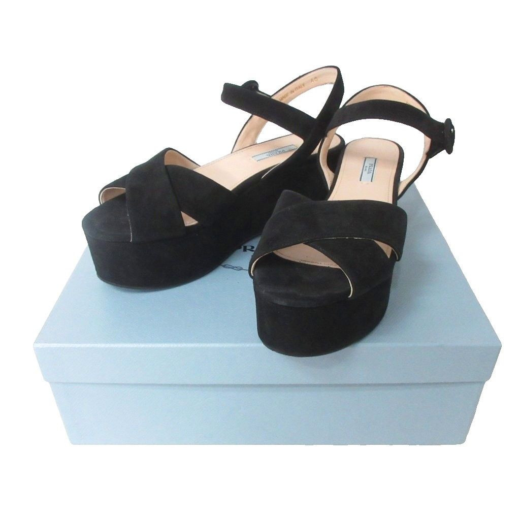 Prada Sandals Suede Ankle Belt Thick Sole Cross Black — view 8