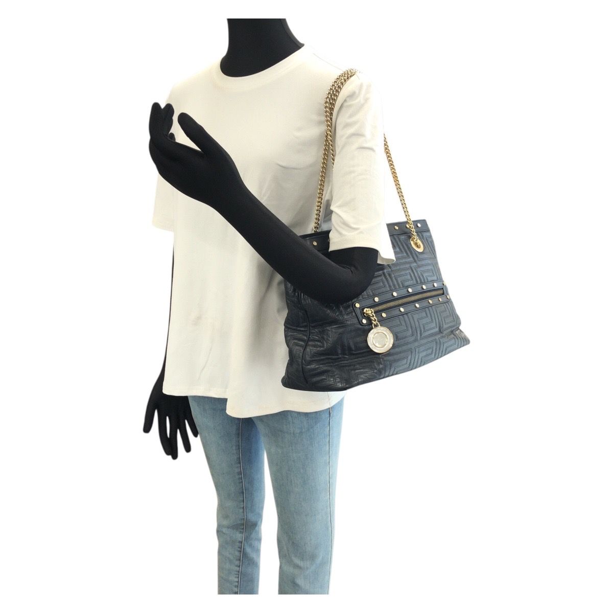 Versace Vintage Greca Medusa Navy Gold Leather Chain Shoulder Bag — view 7