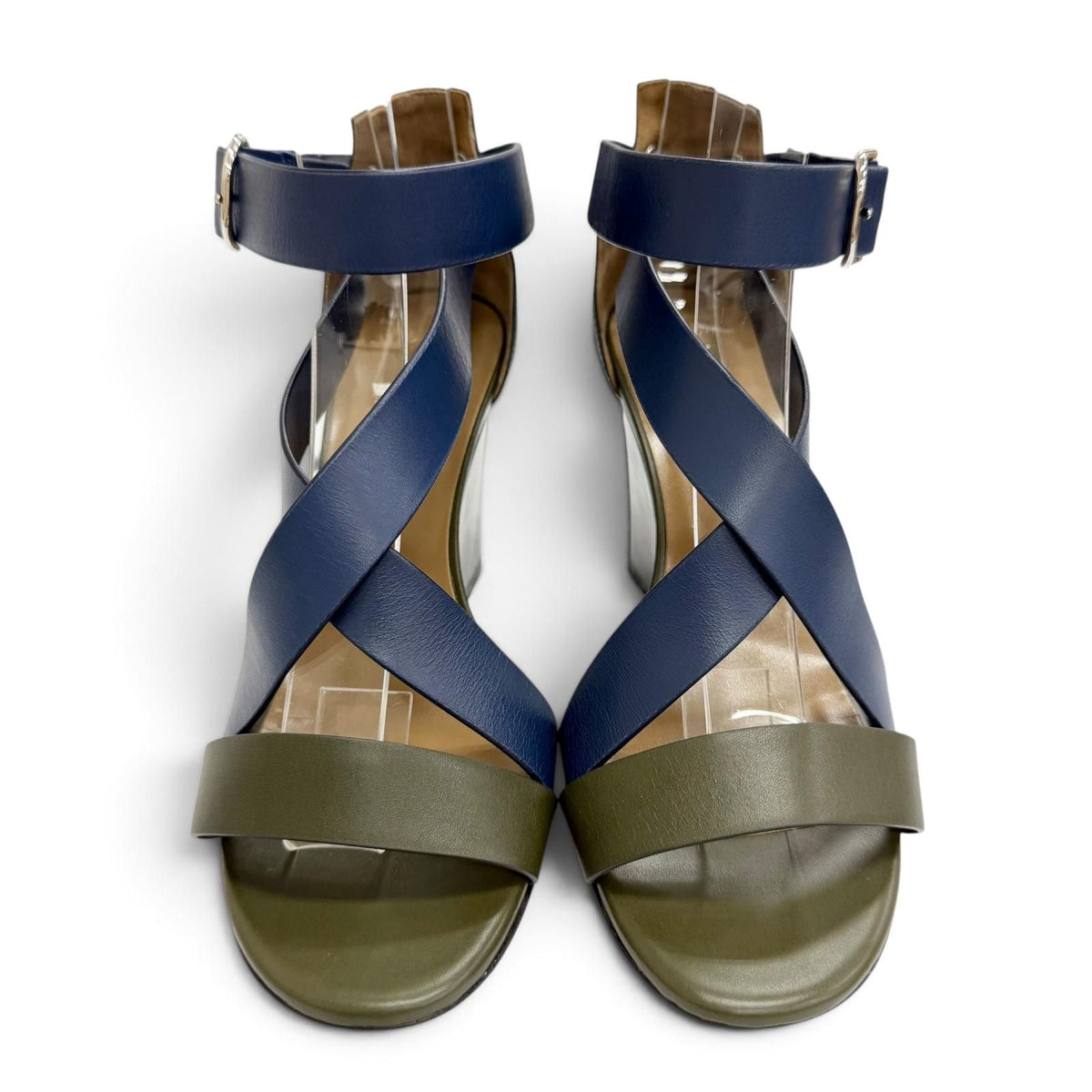Hermes Leather Cross Strap Wedge Sole Sandals Navy Khaki Silver — view 2
