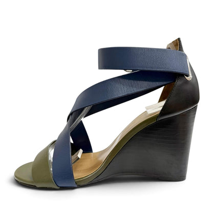 Hermes Leather Cross Strap Wedge Sole Sandals Navy Khaki Silver — view 5