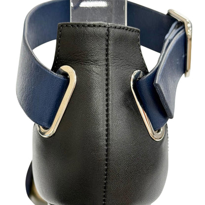 Hermes Leather Cross Strap Wedge Sole Sandals Navy Khaki Silver — view 7