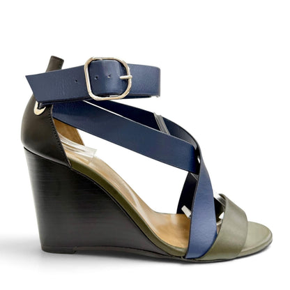 Hermes Leather Cross Strap Wedge Sole Sandals Navy Khaki Silver — view 6