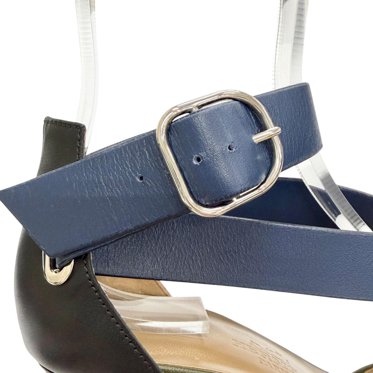 Hermes Leather Cross Strap Wedge Sole Sandals Navy Khaki Silver — view 8