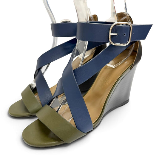 Hermes Leather Cross Strap Wedge Sole Sandals Navy Khaki Silver