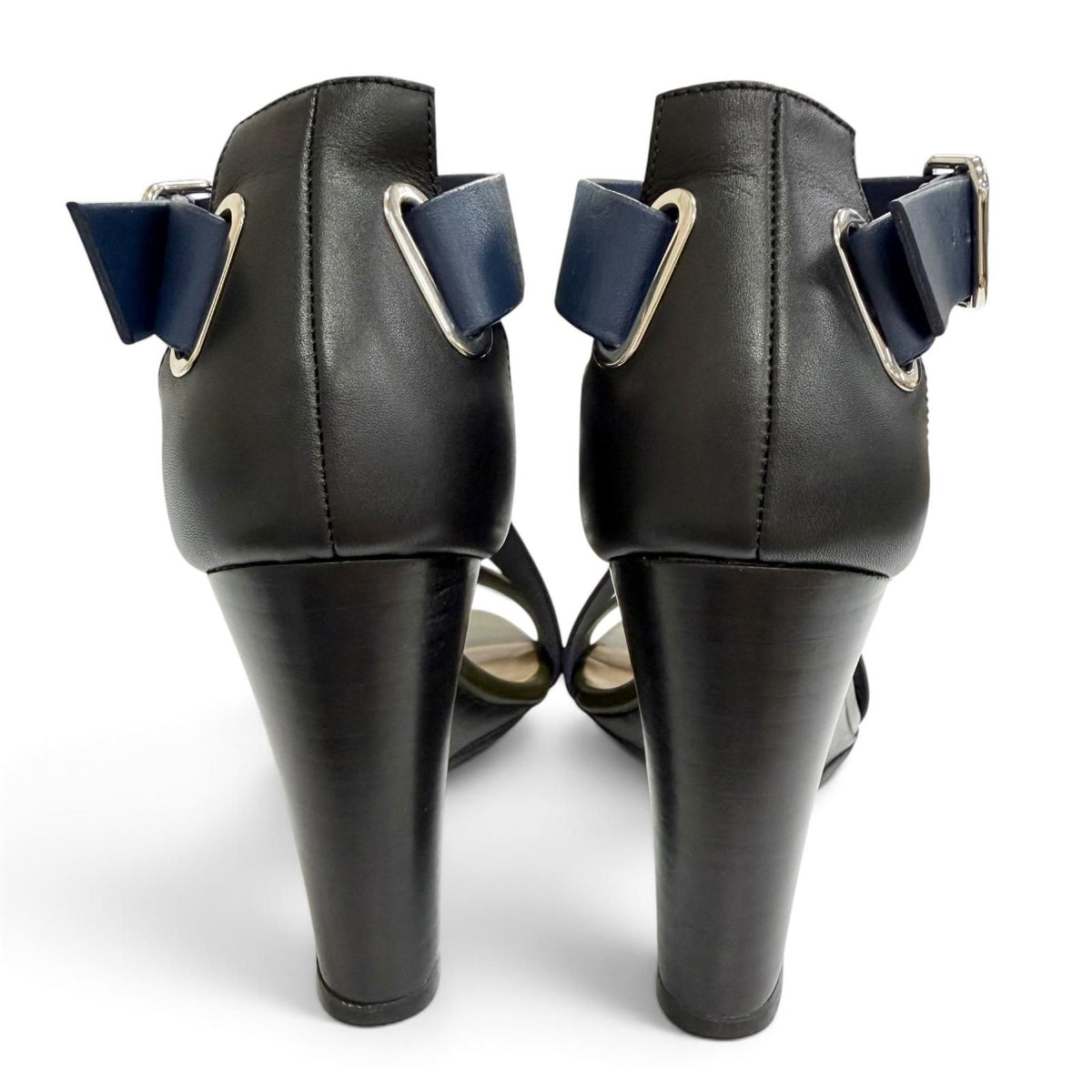 Hermes Leather Cross Strap Wedge Sole Sandals Navy Khaki Silver — view 3