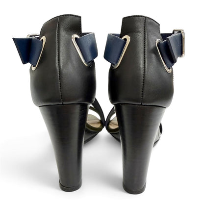 Hermes Leather Cross Strap Wedge Sole Sandals Navy Khaki Silver — view 3
