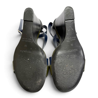 Hermes Leather Cross Strap Wedge Sole Sandals Navy Khaki Silver — view 4