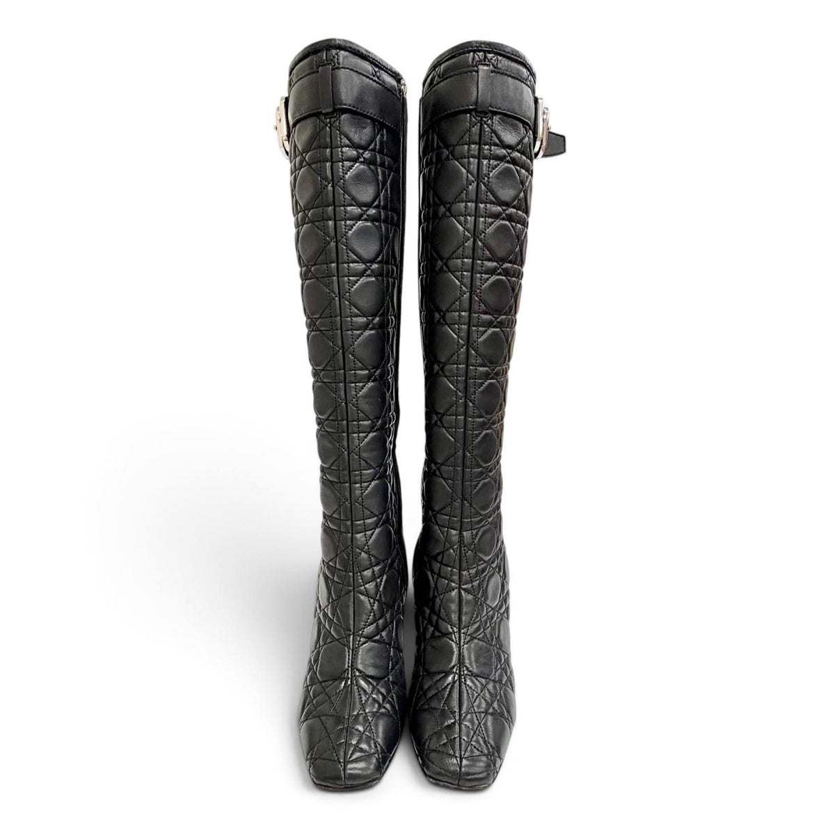 Dior Cannage Side Zip Leather Long Boots Black Silver — view 2