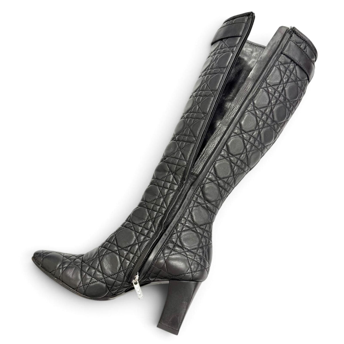 Dior Cannage Side Zip Leather Long Boots Black Silver — view 7