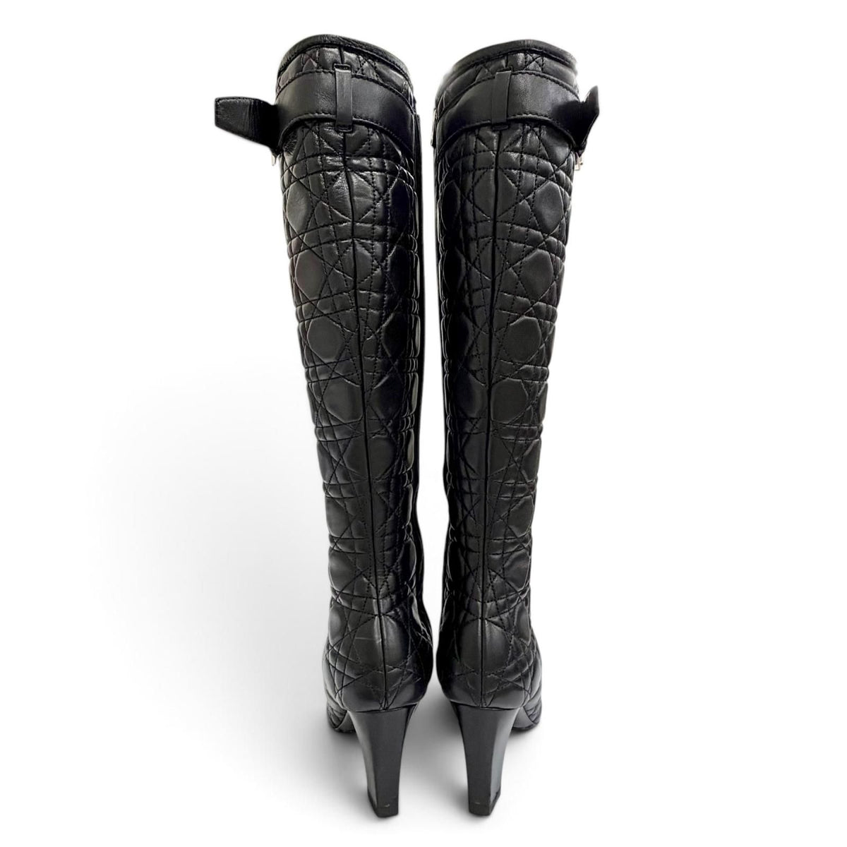 Dior Cannage Side Zip Leather Long Boots Black Silver — view 3
