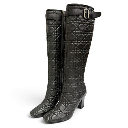 Dior Cannage Side Zip Leather Long Boots Black Silver