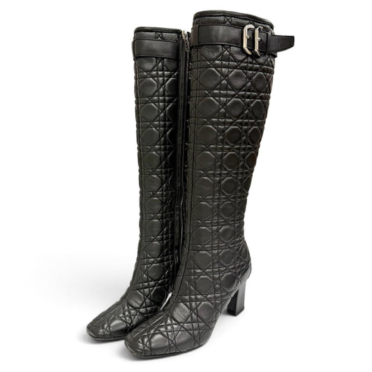 Dior Cannage Side Zip Leather Long Boots Black Silver
