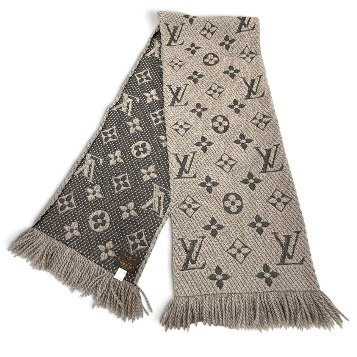 Louis Vuitton Logomania Scarf Monogram Wool Silk Fringed Greige — view 3