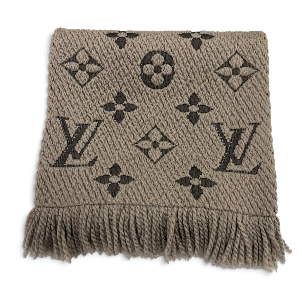 Louis Vuitton Logomania Scarf Monogram Wool Silk Fringed Greige