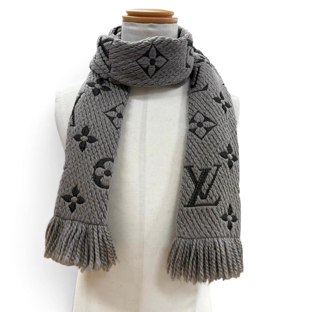 Louis Vuitton Logomania Scarf Monogram Wool Silk Fringed Greige — view 2