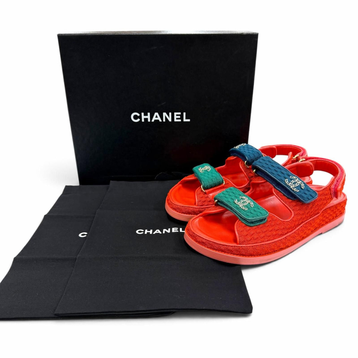 Chanel 22S Leather CC Logo Velcro Sandals Red Navy Green — view 2