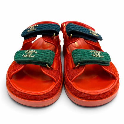 Chanel 22S Leather CC Logo Velcro Sandals Red Navy Green — view 3