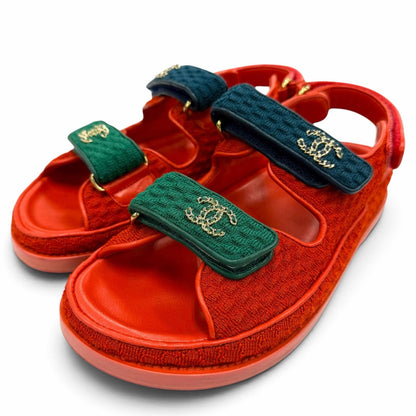 Chanel 22S Leather CC Logo Velcro Sandals Red Navy Green