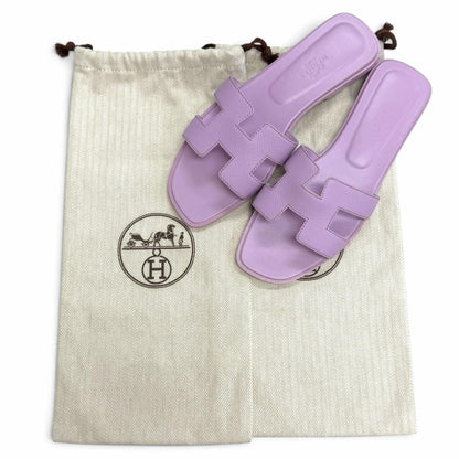 Hermes Oran Leather H Motif Flat Sandals Light Purple — view 2