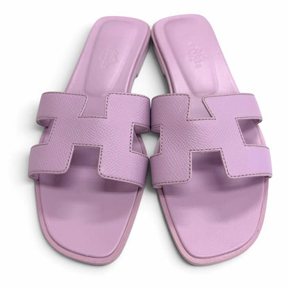 Hermes Oran Leather H Motif Flat Sandals Light Purple — view 3