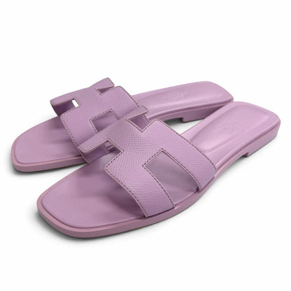 Hermes Oran Leather H Motif Flat Sandals Light Purple