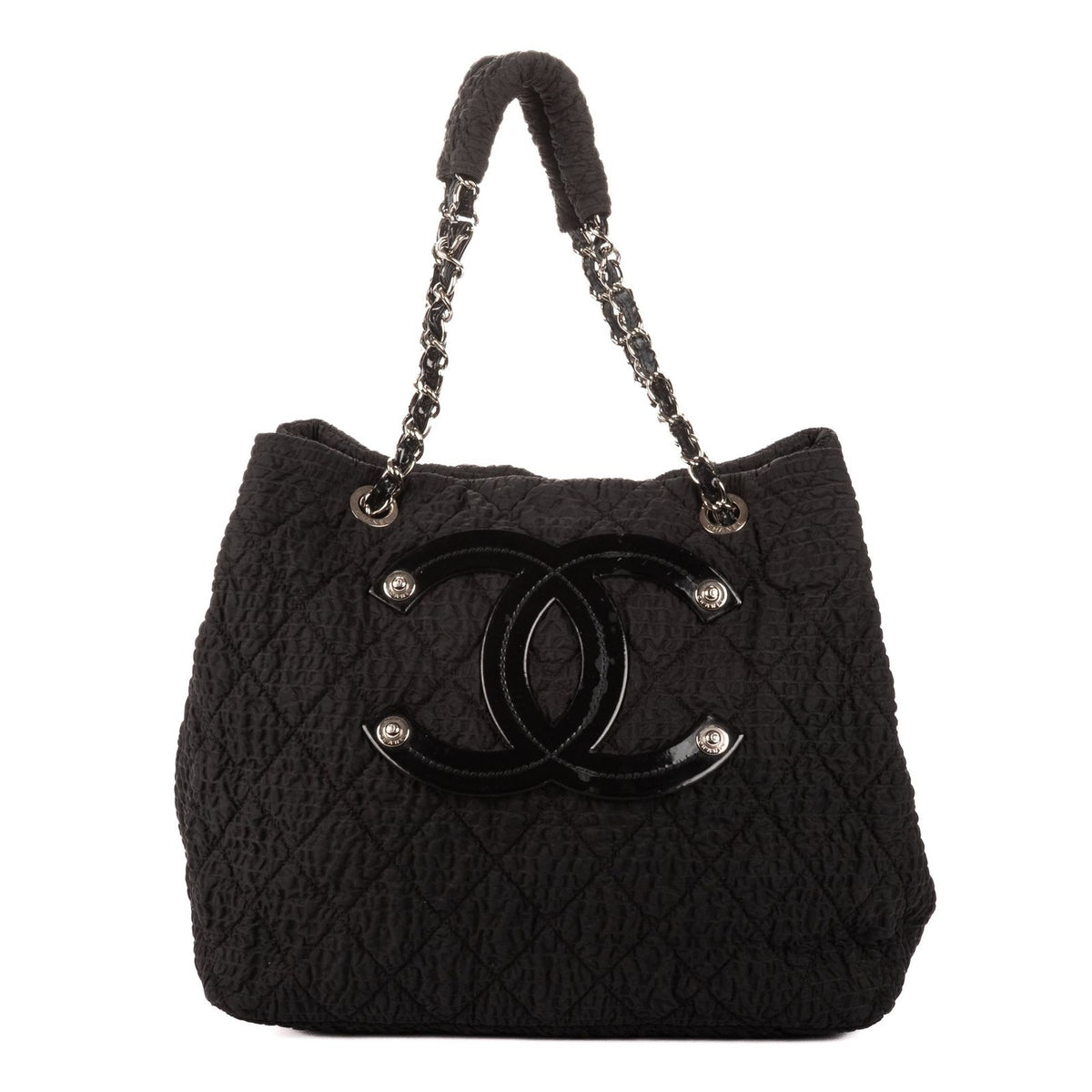 Chanel CC Logo Tote Bag Black Quilted Crinkled Nylon
