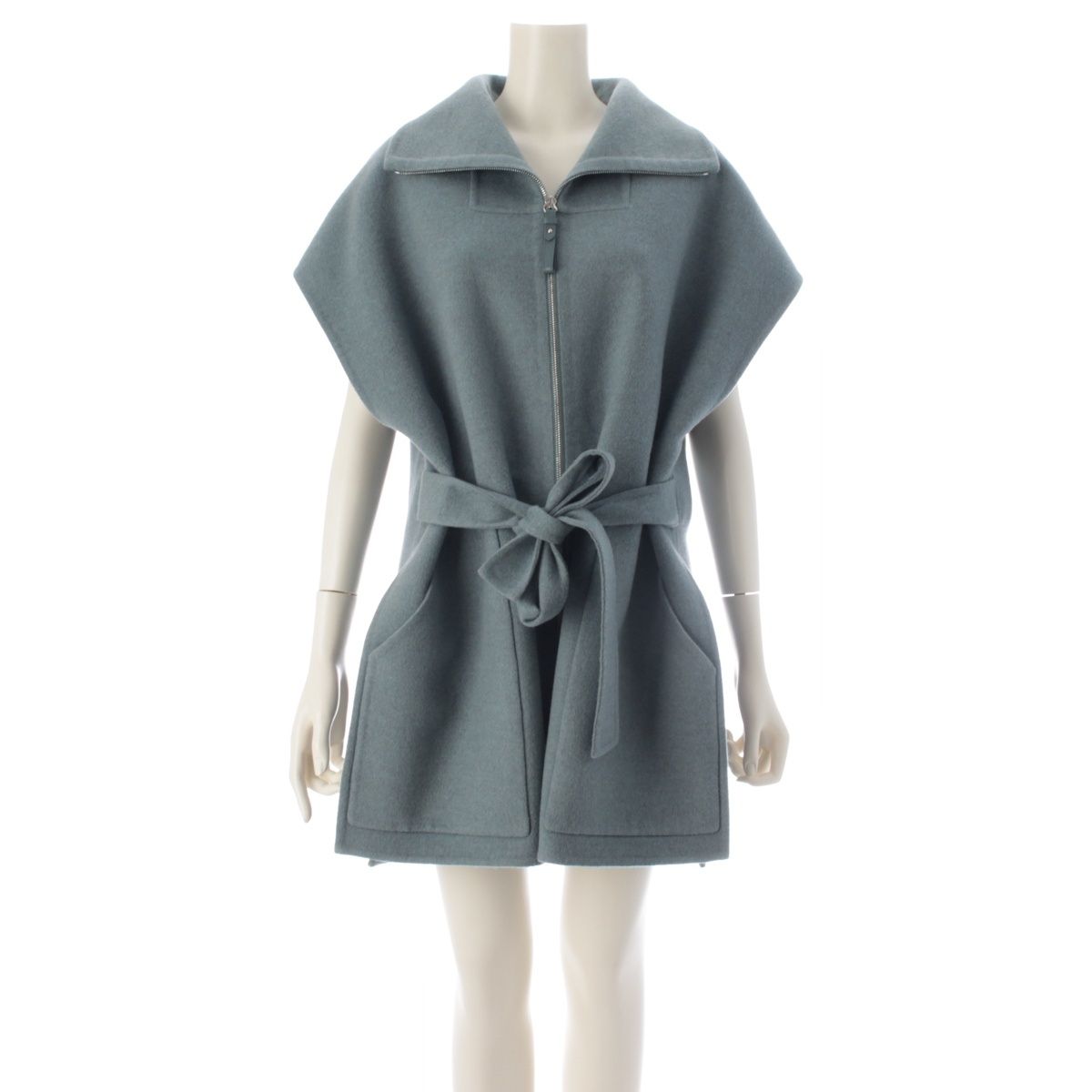 Hermes Cashmere Long Gilet with Belt Zip Up Coat Blue Green Vest 38